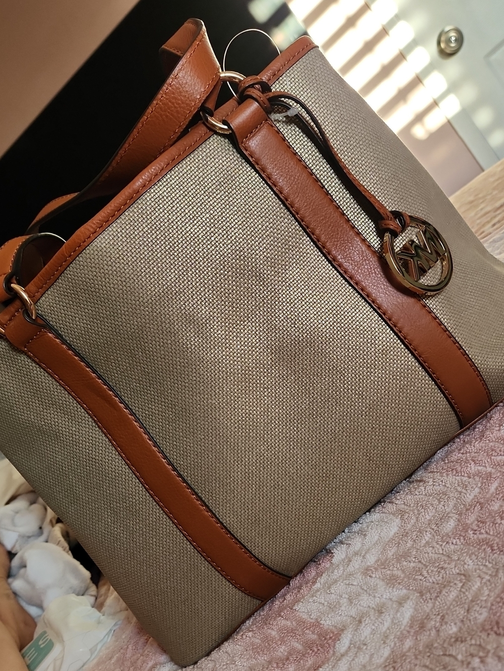 Michael Kors Beige Canvas Tote with Brown Leather Trim and Gold MK Charm